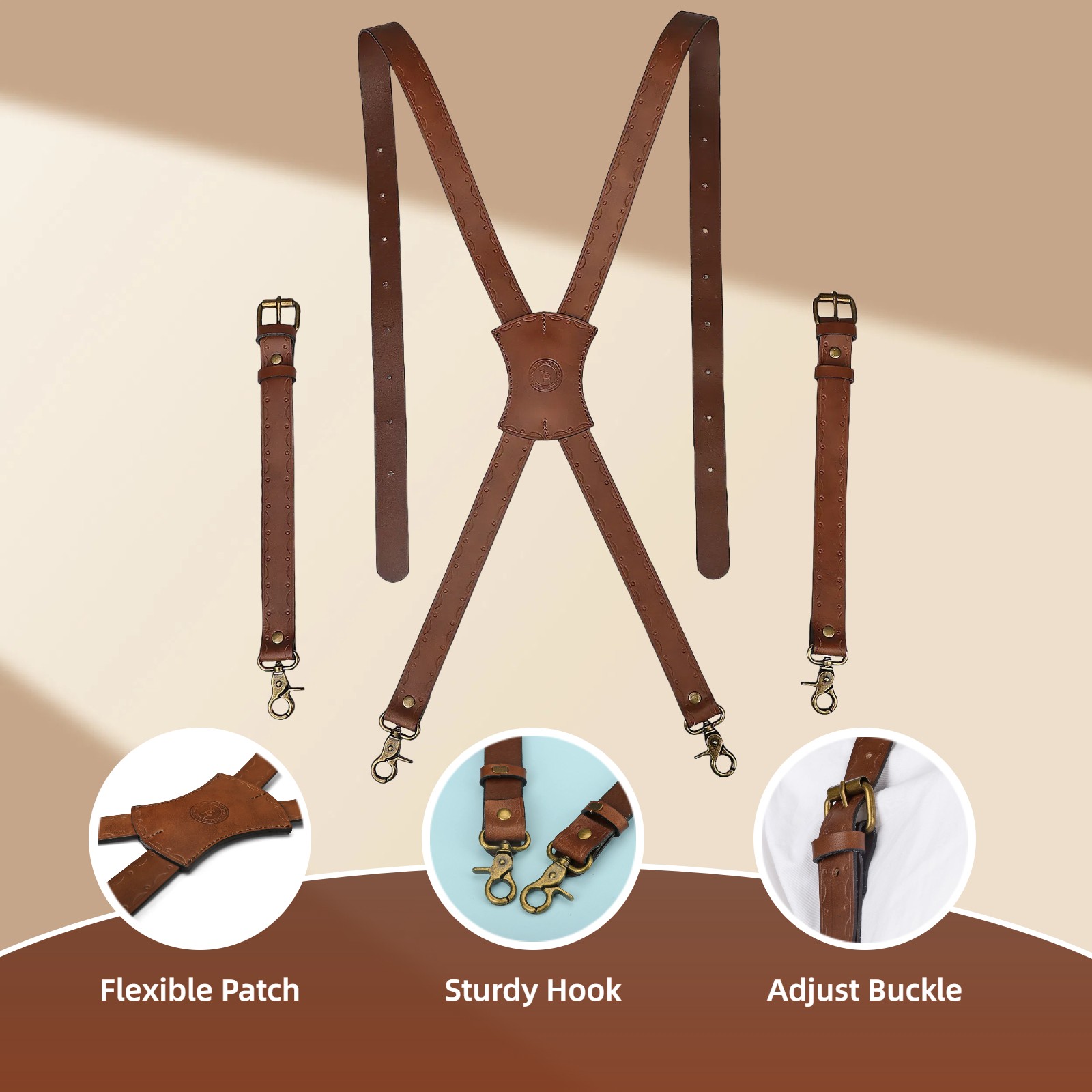 Tourbon Leather Men's Suspenders X Back Adjustable X-Shaped Hooks Pants Braces