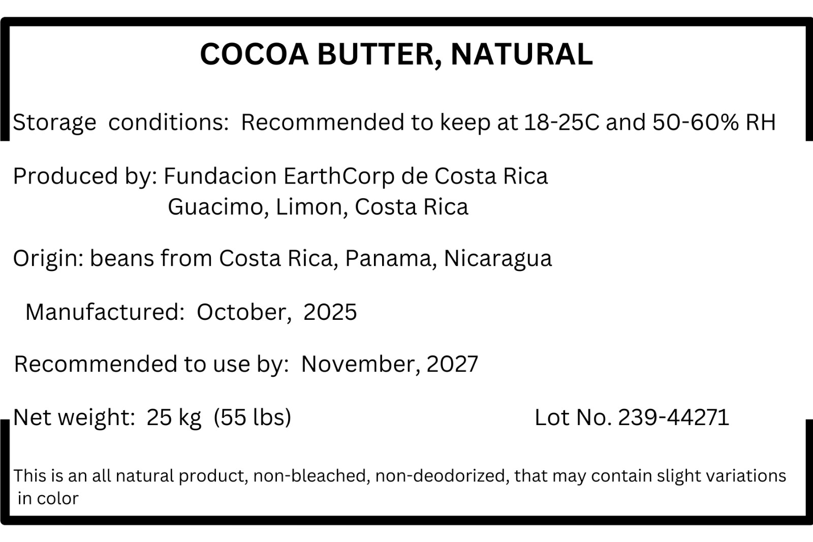 Pure & Unrefined Food grade Cocoa Butter – Bulk 55 lbs From Costa Rica
