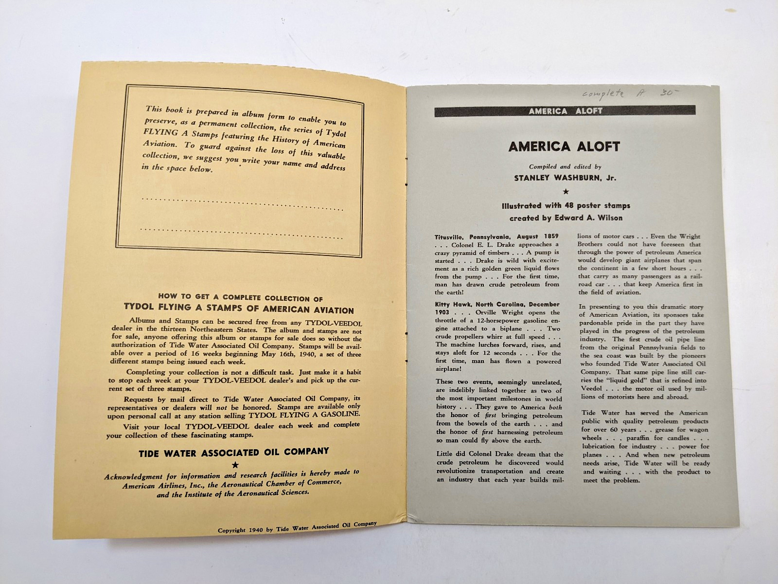 TYDOL Flying A Stamp Album of American Aviation 1940 Fuel Oil Company UNUSED A+