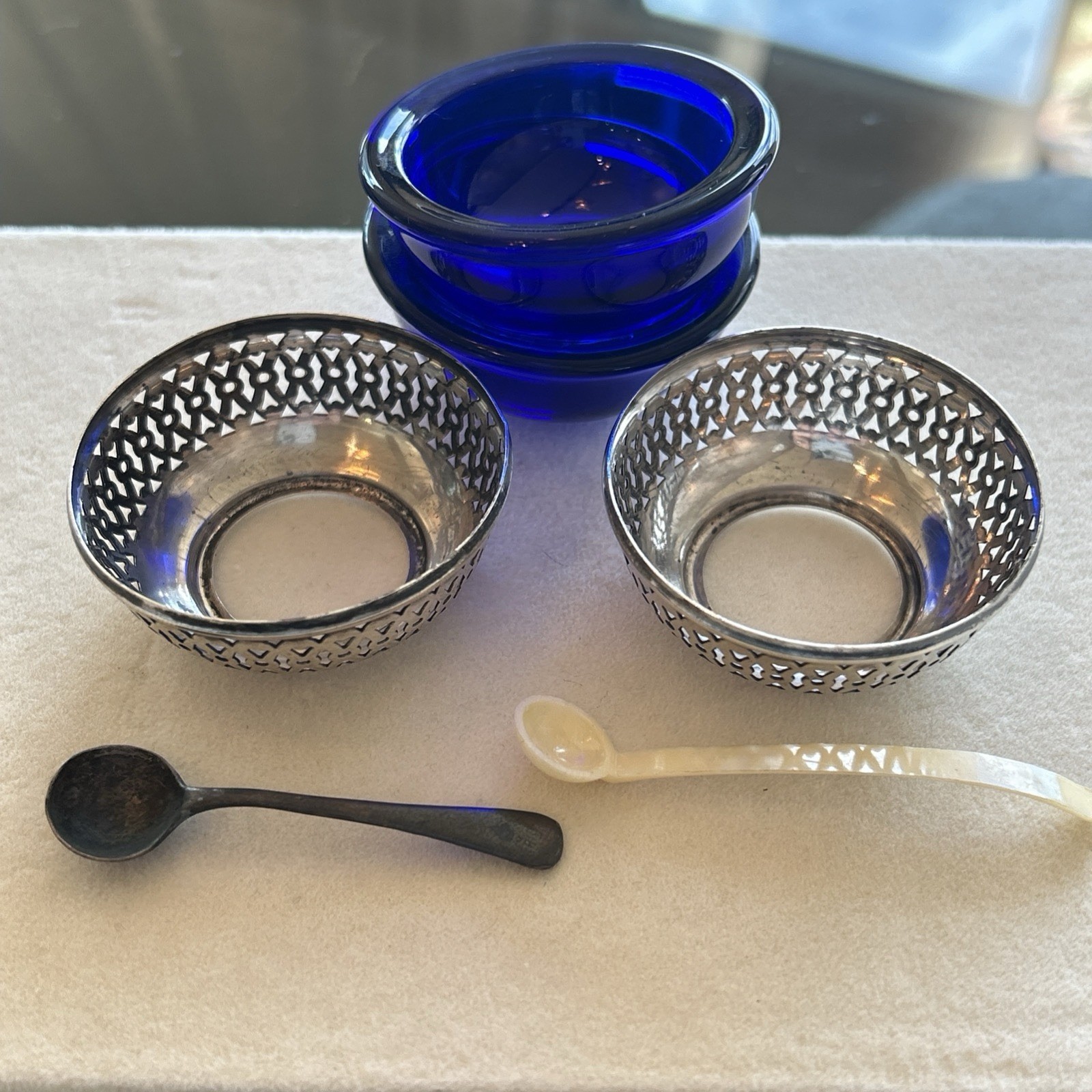 Lot of 2 Antique Webster Salt Cellars 2 Spoons Sterling Silver Blue Cobalt Glass