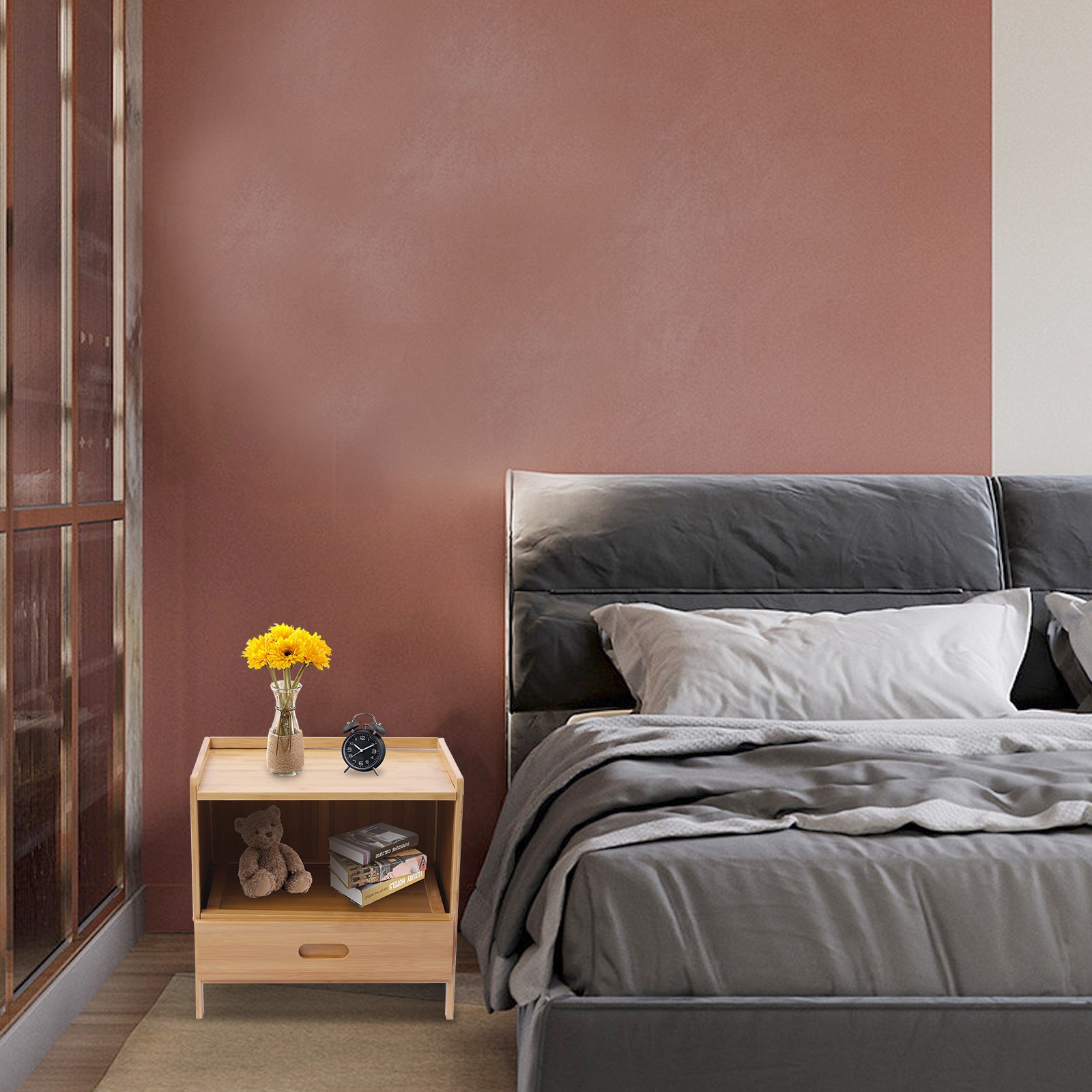 Modern Bedside Cabinet Nightstand Table Drawer Bamboo Bedroom Storage Furniture