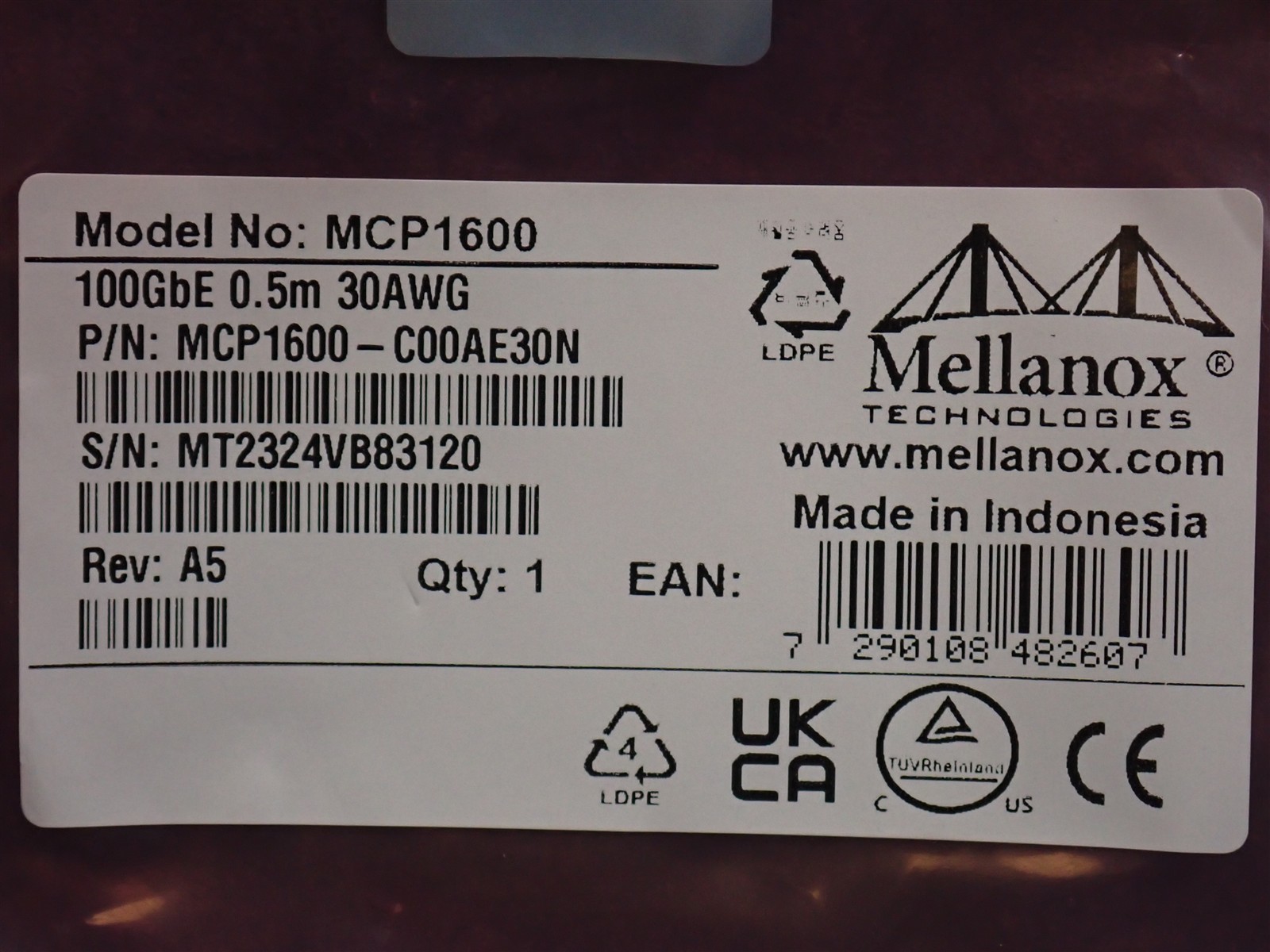 NEW Lot of 4 Mellanox MCP1600-C00AE30N Copper Cable ETH 100GbE, .5m, 30AWG (EC8)