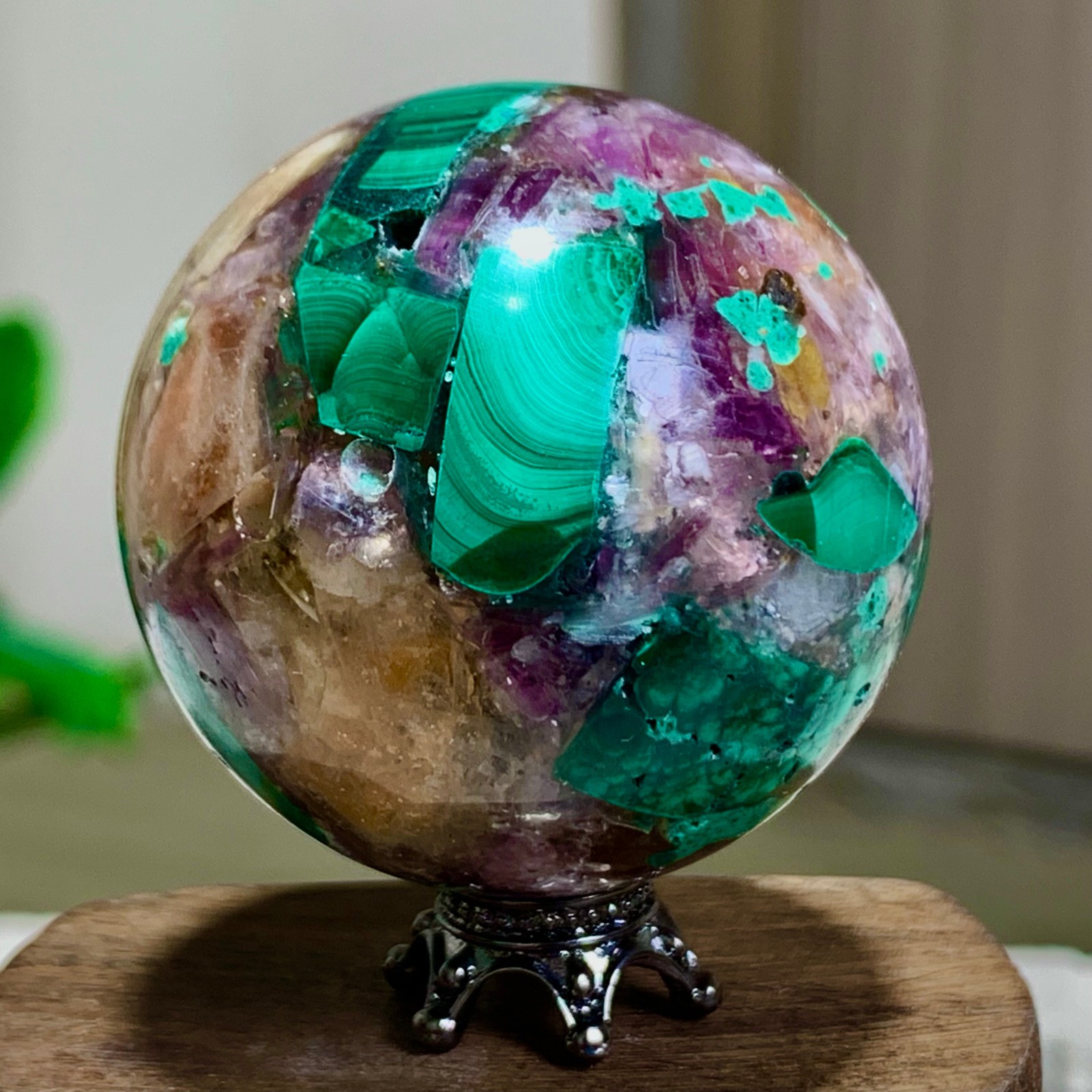 102G Newly discovered rare malachite purple mica symbiotic sphere restoration