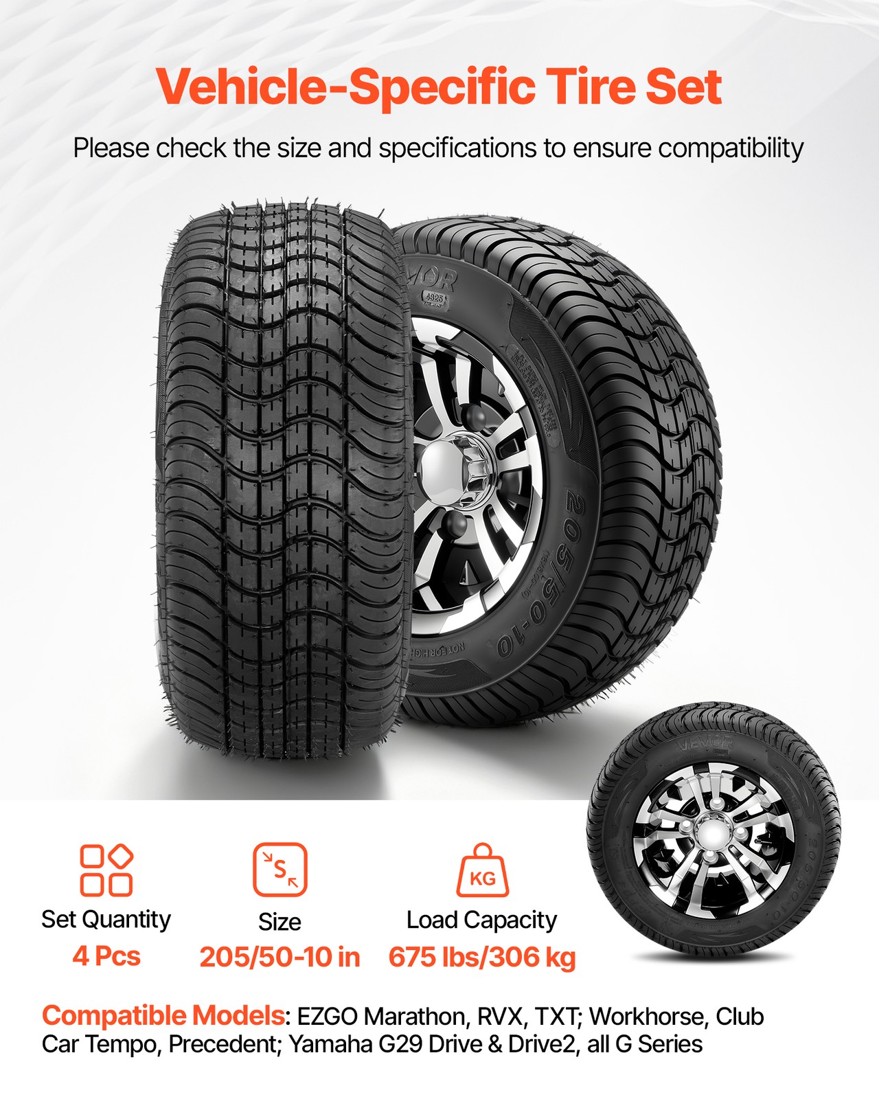 VEVOR Golf Cart Wheels & Tires Set of 4 10" 205/50-10 Fit Yamaha EZGO Club Car