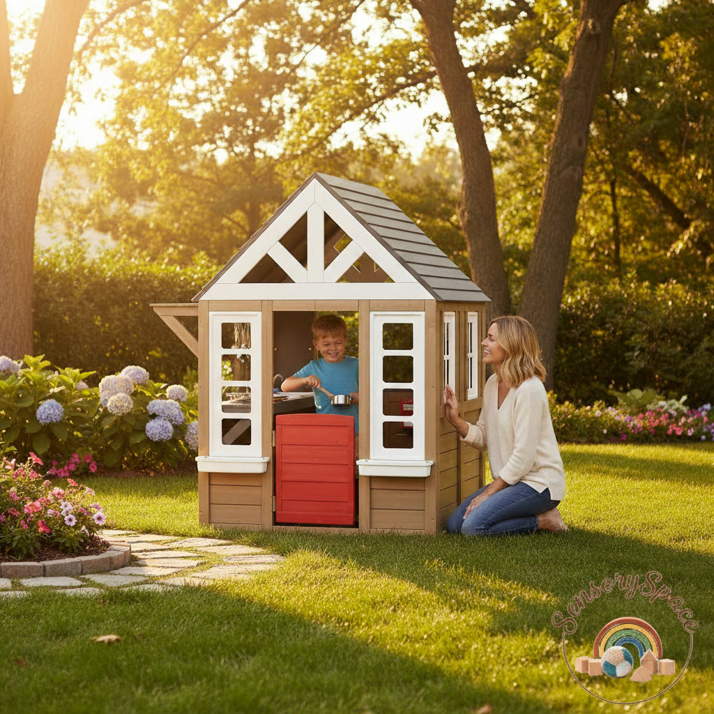Outdoor Kids Cedar Wooden Playhouse Cottage w/ Kitchen Play Set - Free Shipping