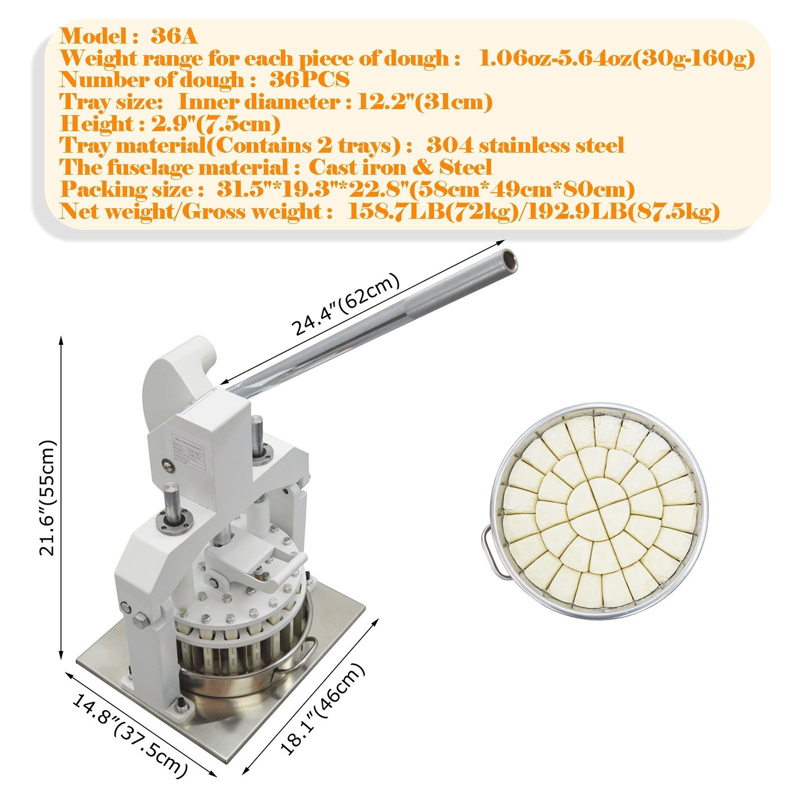 36PCS Table Top Manual Hydraulic Dough Divider 1.06oz-5.64oz Dough Cutter