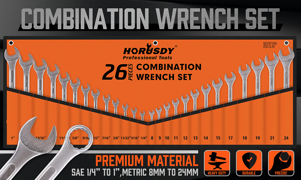 26pc Duo Metric SAE Combination Spanner Set Gear Wrench Standard Head Extra long