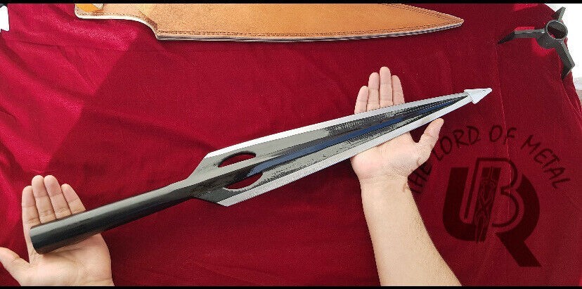 UBR CUSTOM HANDMADE HIGH CARBON STEEL HUNTING SPEAR HEAD WITH LEATHER SHEATH