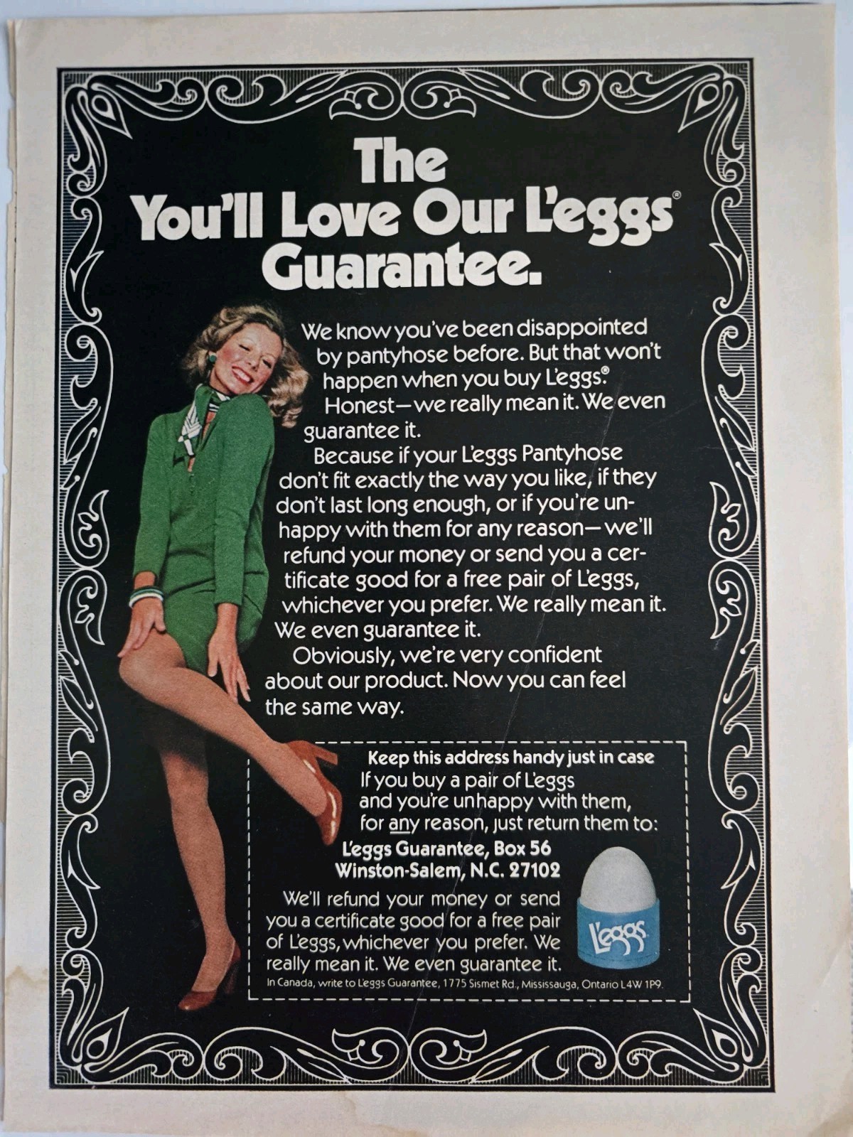 1980s Women's  Leggs Pantyhose stockings legs guarantee Vintage Ad AS IS