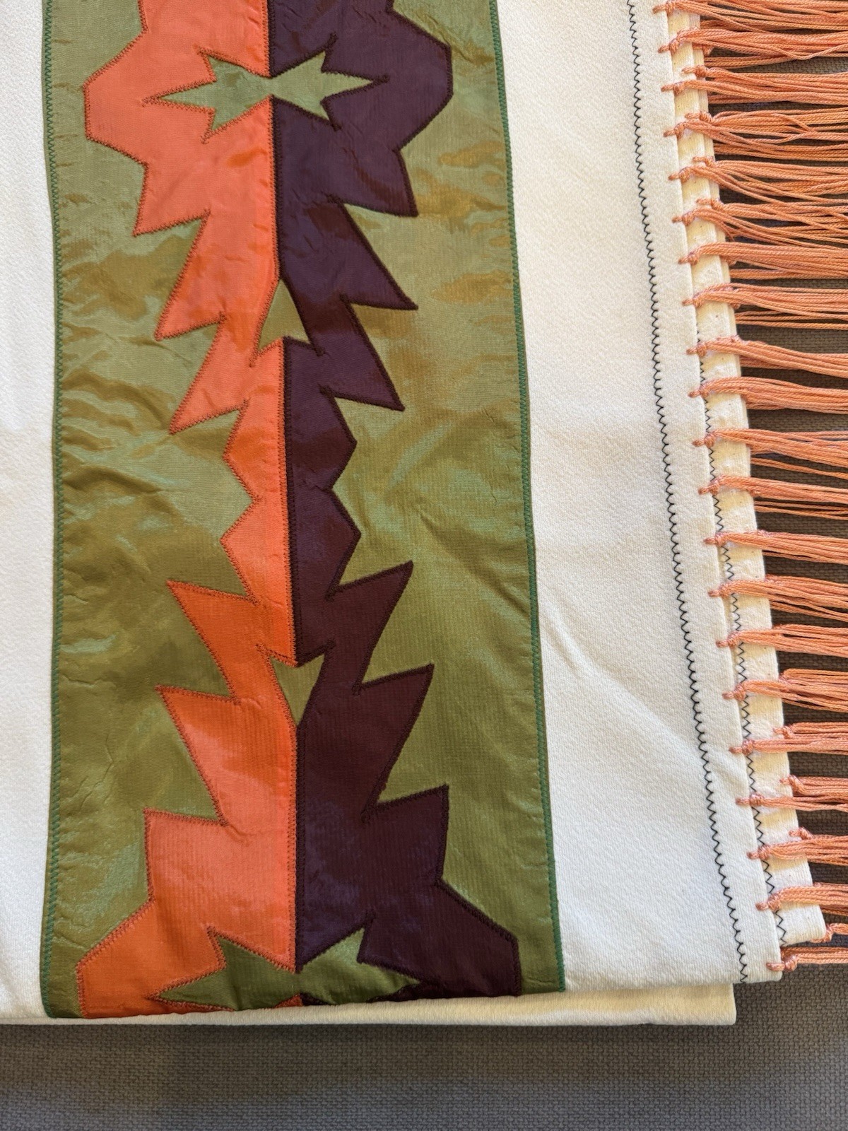 Native American Dance Shawl Knotted Fringe Orange,Brown,Green Ribbon 60x61
