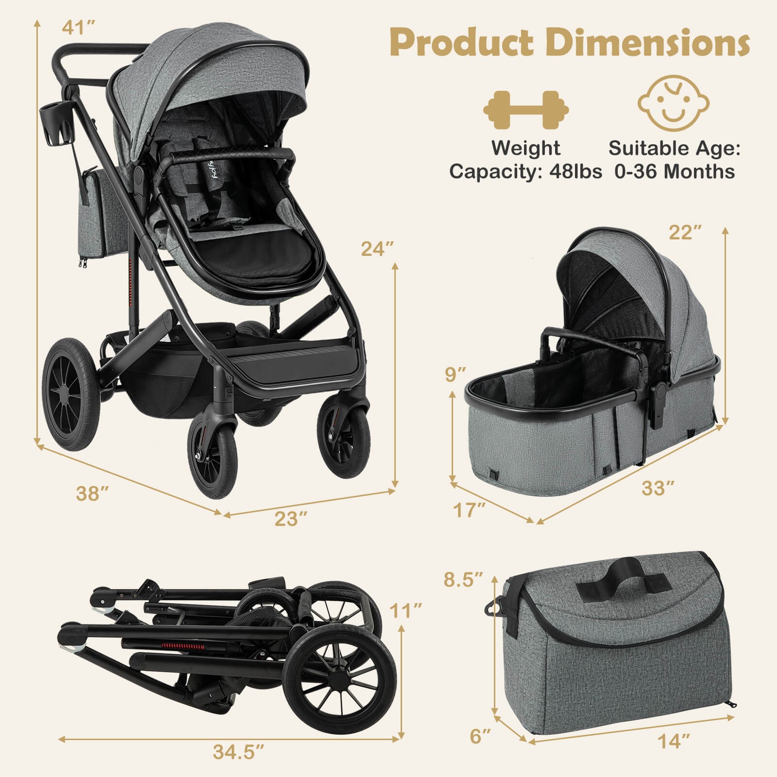 3-in-1 Newborn Stroller Folding Convertible High Landscape Toddler Stroller
