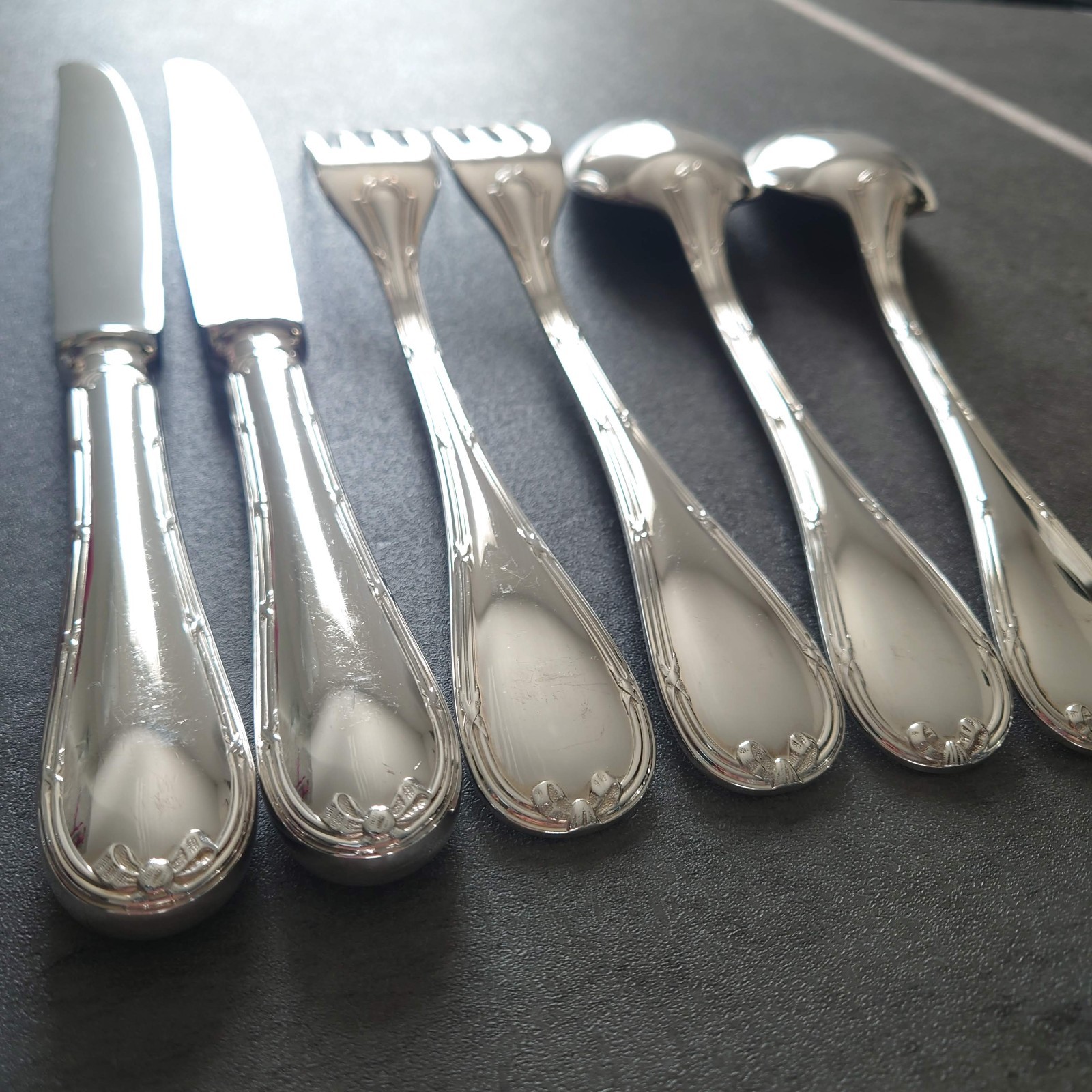 Christofle Rubans 6pcs Flatware Silverplated Table Knife Fork Spoon Excellent