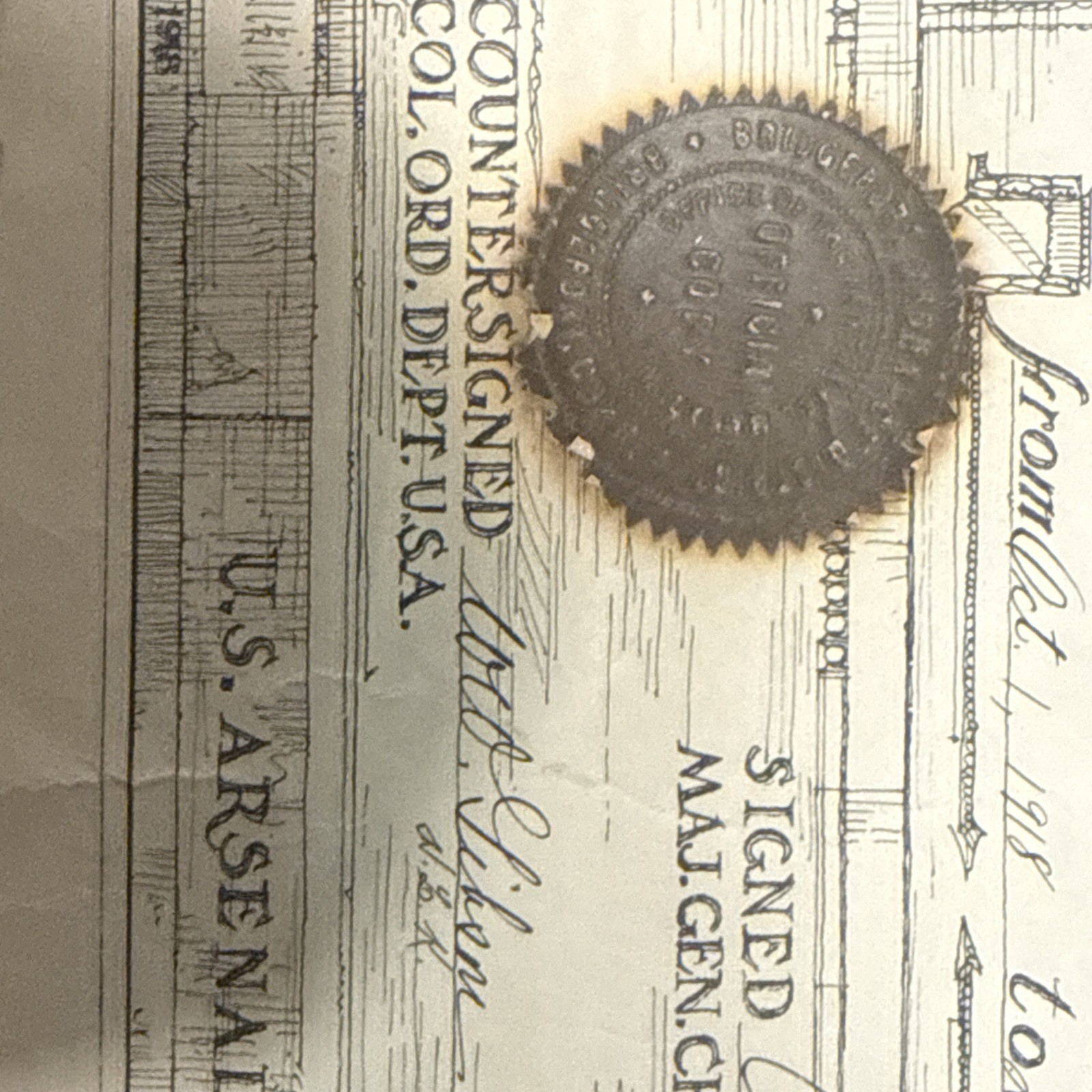 WWI US War Department Certificate of Service Forrest Campbell Chief of Ordnance