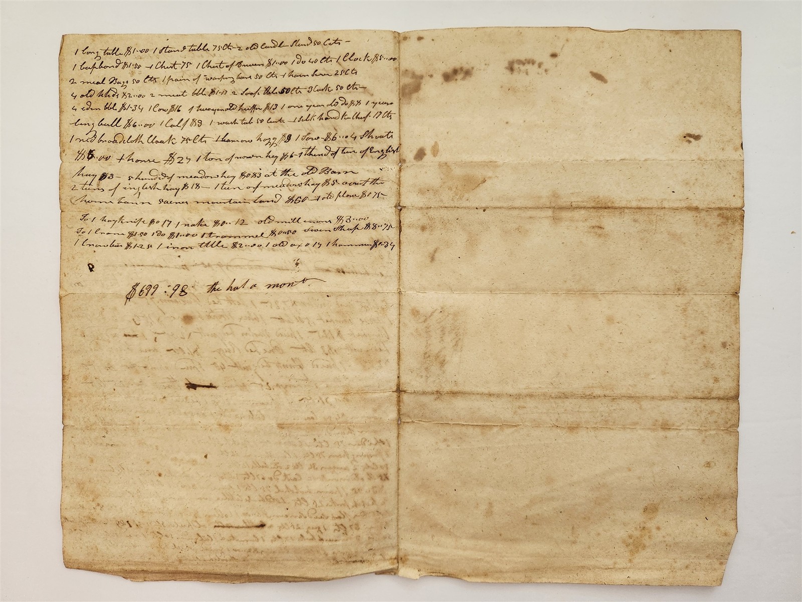 1819 antique ESTATE INVENTORY enfield ct ISAAC PEASE probate household goods