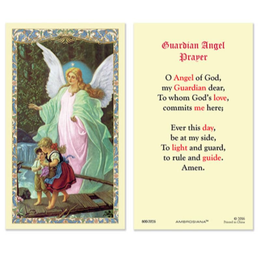 Laminated Guardian Angel Holy Prayer Card Catholic Children on Bridge with Angel