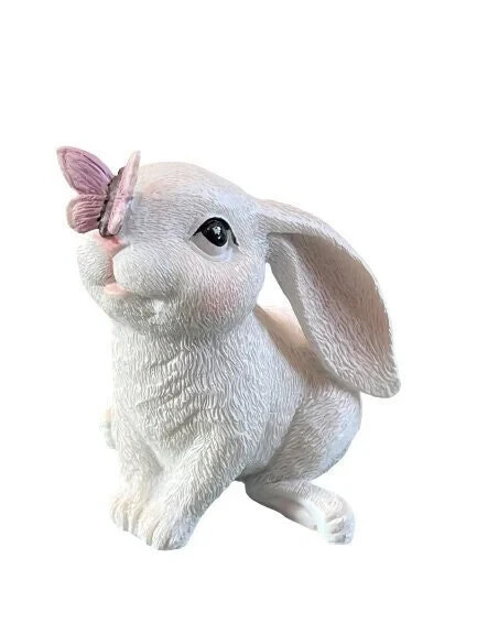 Small 3.75" Resin Bunny Rabbit w/Butterfly Figurine Farmhouse Easter Spring Boho