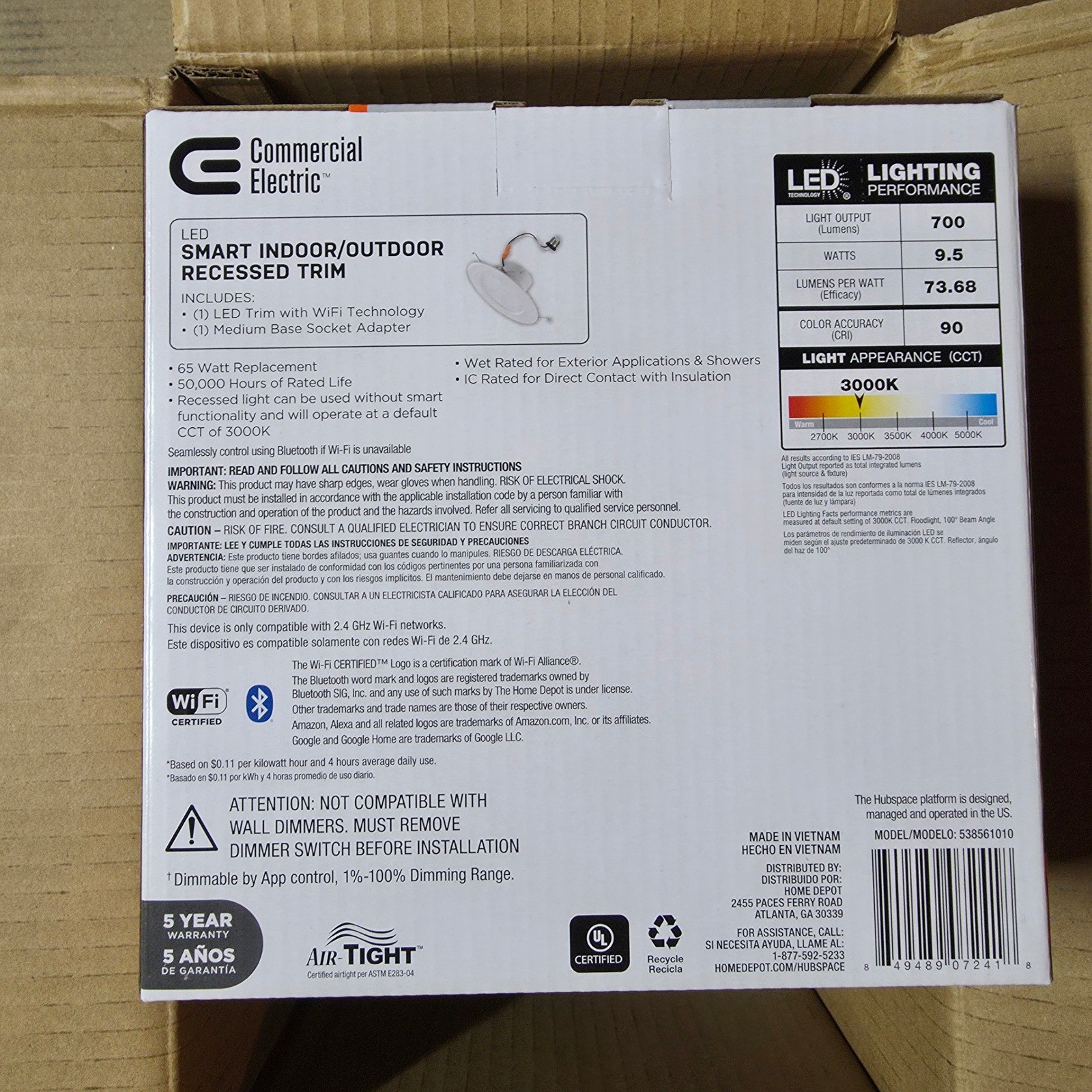 4 pk Commercial Electric Smart 5/6 in LED Recessed Trim White 538561010 Hubspace