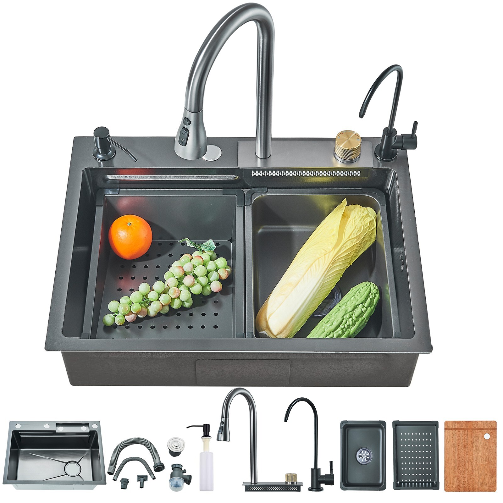 Stainless steel Kitchen Sink with Faucet 23.6 inch Large Single Bowl Top mounted