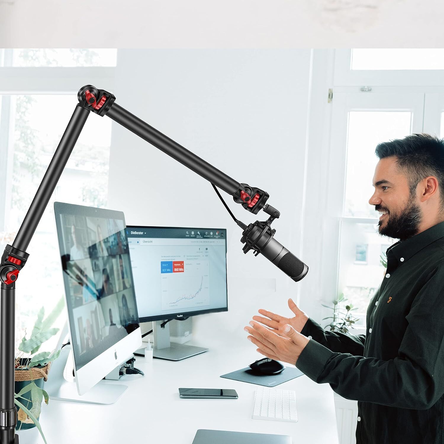 Overhead Camera Mount Desk Stand, 3-Section Flexible Detachable Articulating Arm