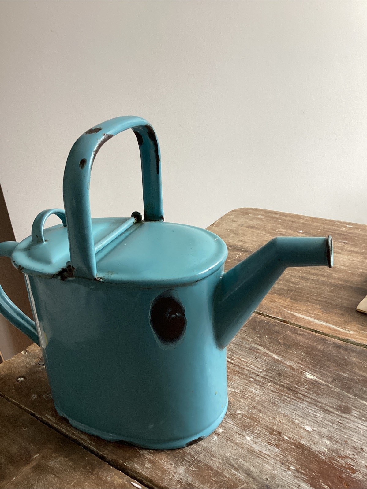 Antique Light Blue Enamel Ware Watering Can c1900 European Vintage