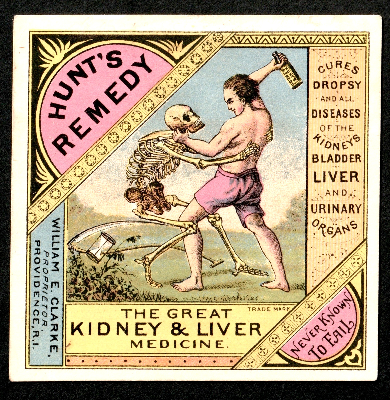 Hunts Remedy Skeleton Bottle Skull Crush Kidney Death Liver Cure Trade Card j.US