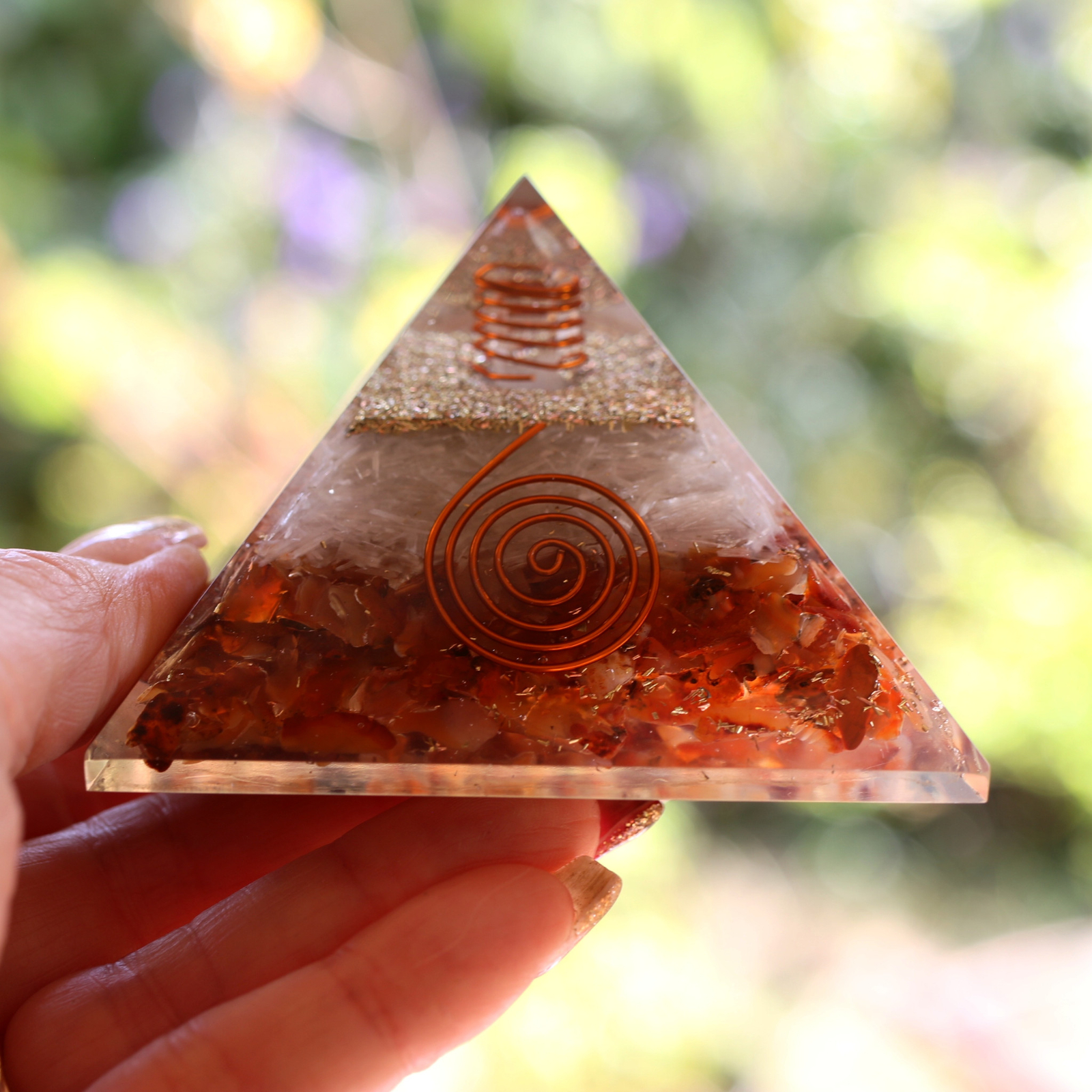 Natural Carnelian and Selenite Orgone Pyramid XL 75mm 3 inch EMF & 5G Protection