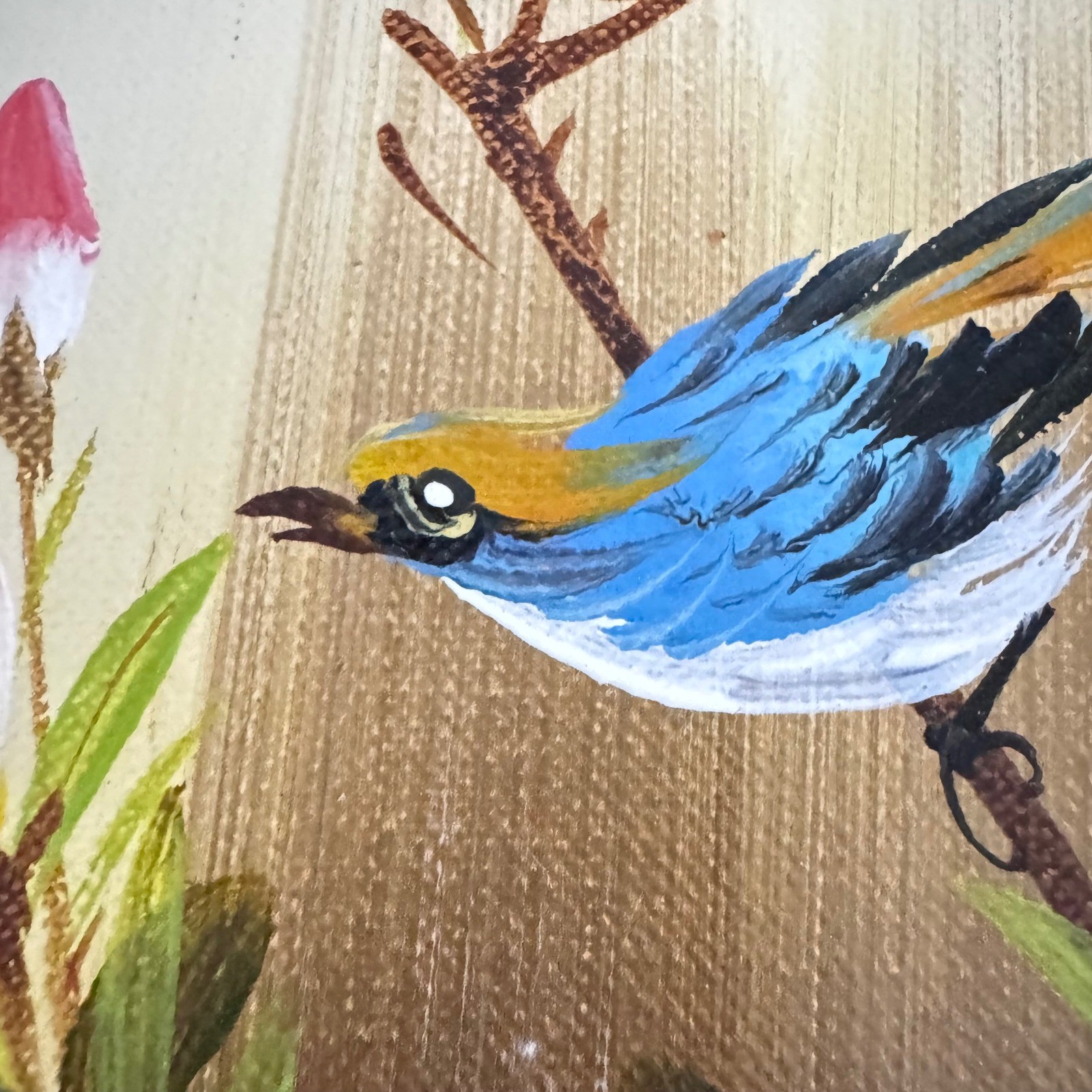 Vintage Framed Bird Floral Painting Signed Asian Art Wall Decor Nature Home '70s