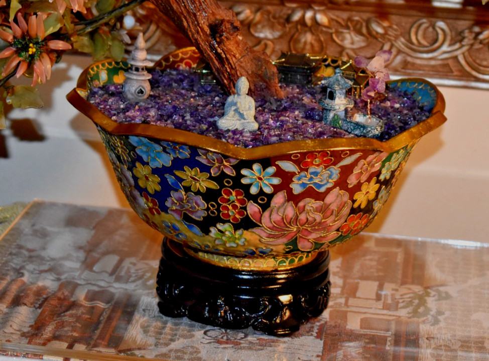 30" VINTAGE BONSAI PEKING JADE TREE IN 10" CLOISONNE BOWL W/EBONY STAND