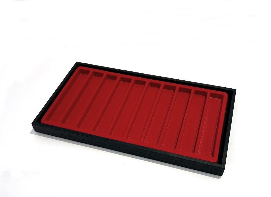 Black Stained Wood Pen Bracelet Chain Red 10 Slot Line Display Stackable Tray