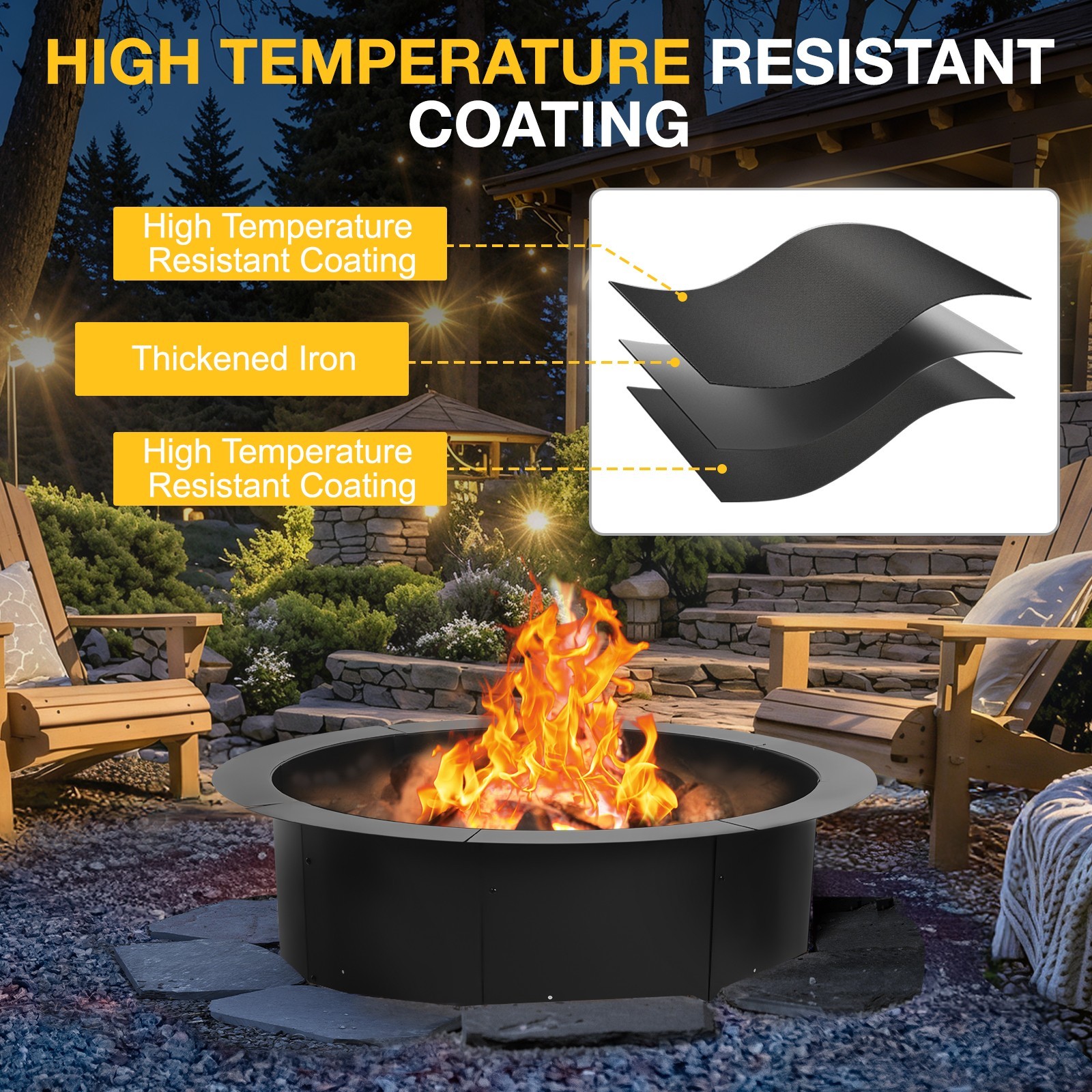 Aoodor 36'' Fire Pit Ring Heavy Duty Metal Round Fire Pit for DIY Wood Burning