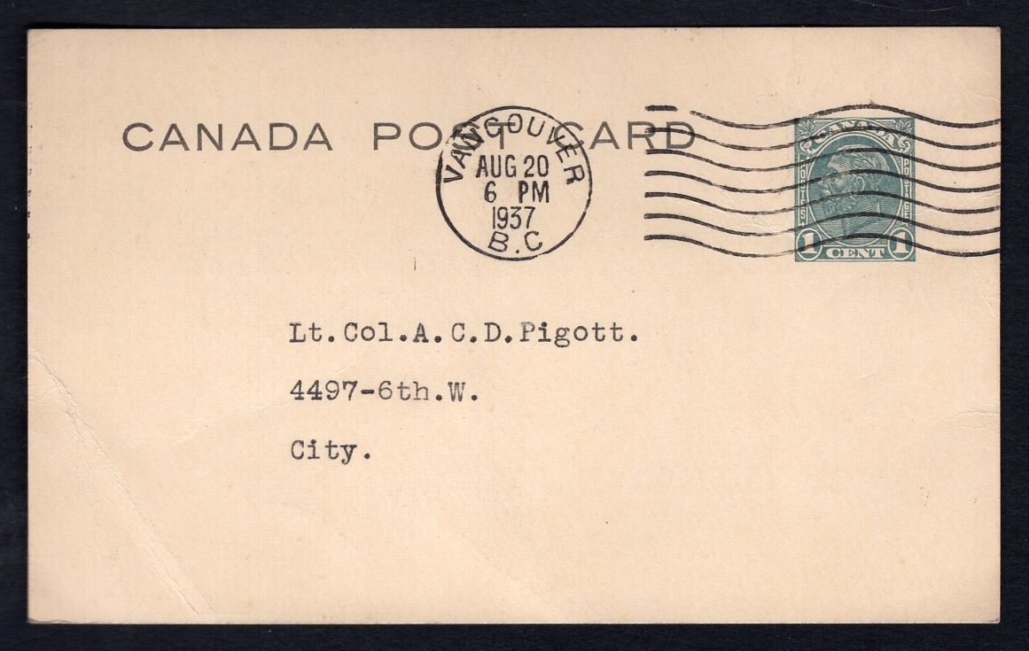 CANADA Vancouver 1937 Local Postal Card; Pacific Coal Advertising; Lt Col Pigott