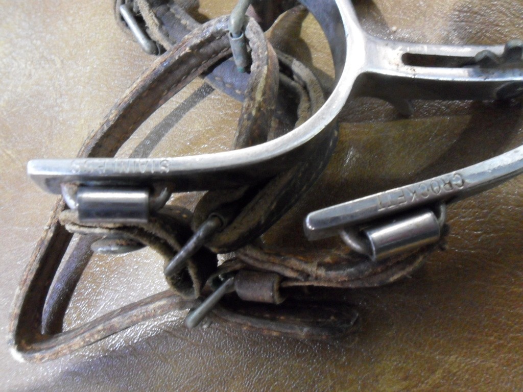 Vintage Crockett Stainless Spurs W/ Leather Straps Cutting Horse 55 Etched