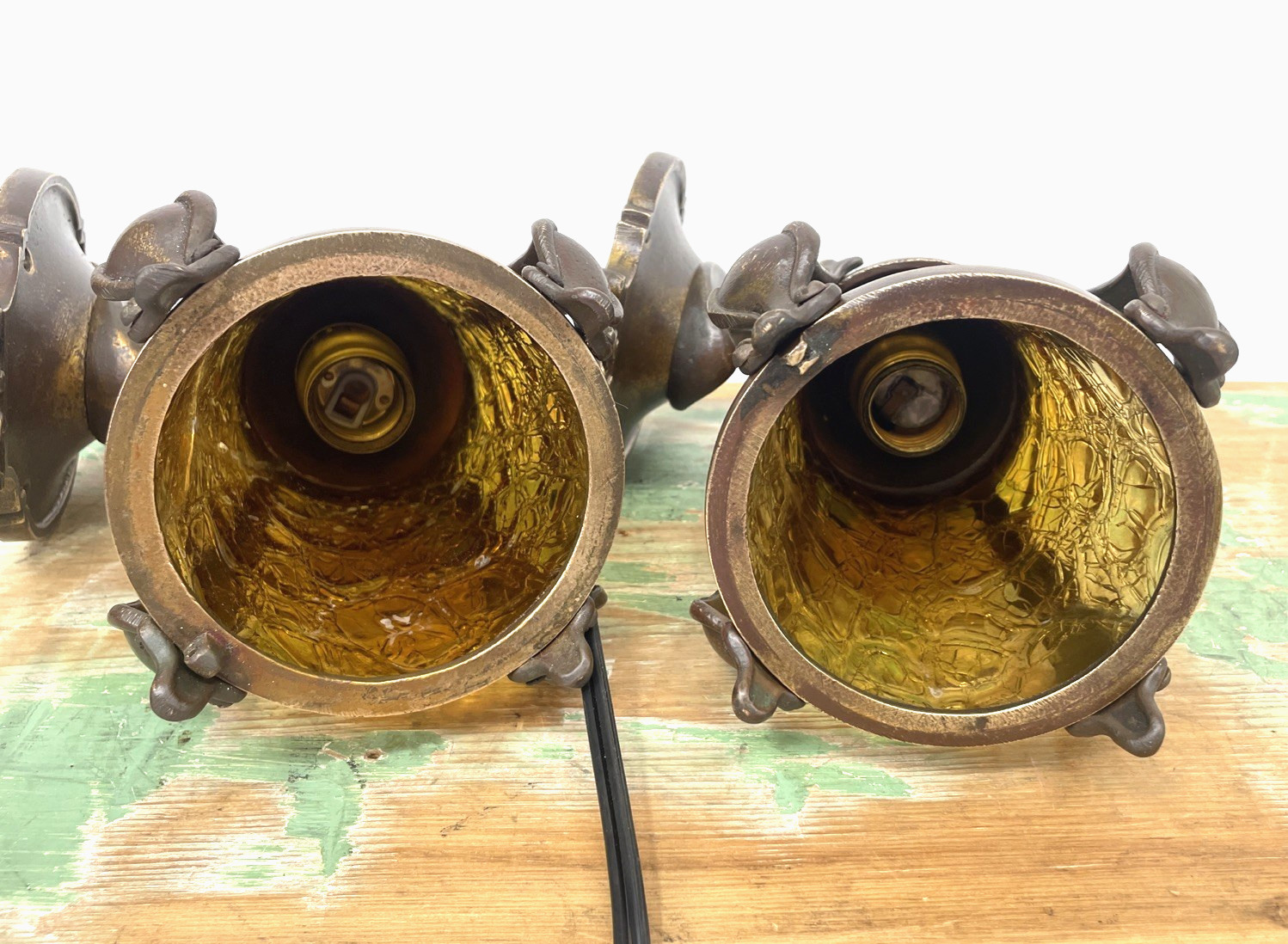 RESTORED Pair Antique Vtg Tudor Arts Crafts Wall Sconces Amber Glass Porch Light