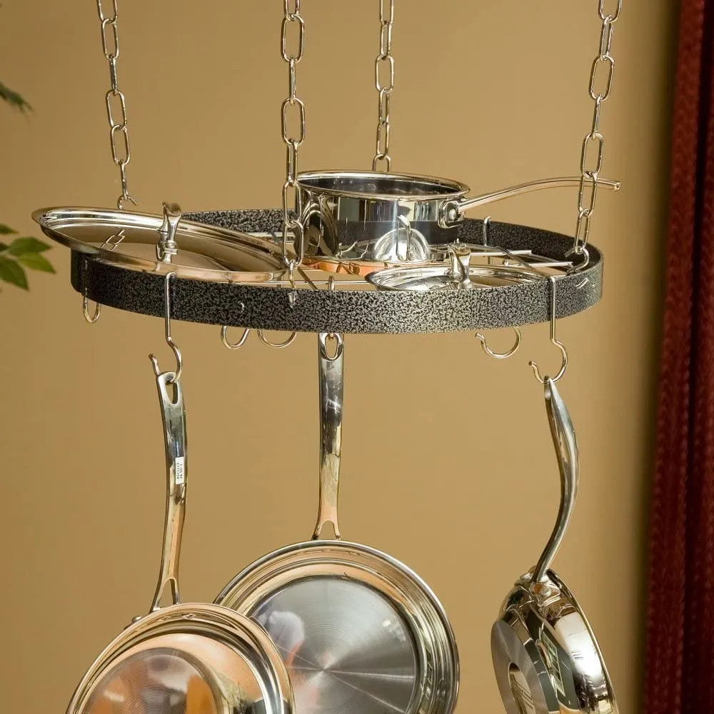 Rogar Round Pot Rack with Grid Hammered Steel / Chrome