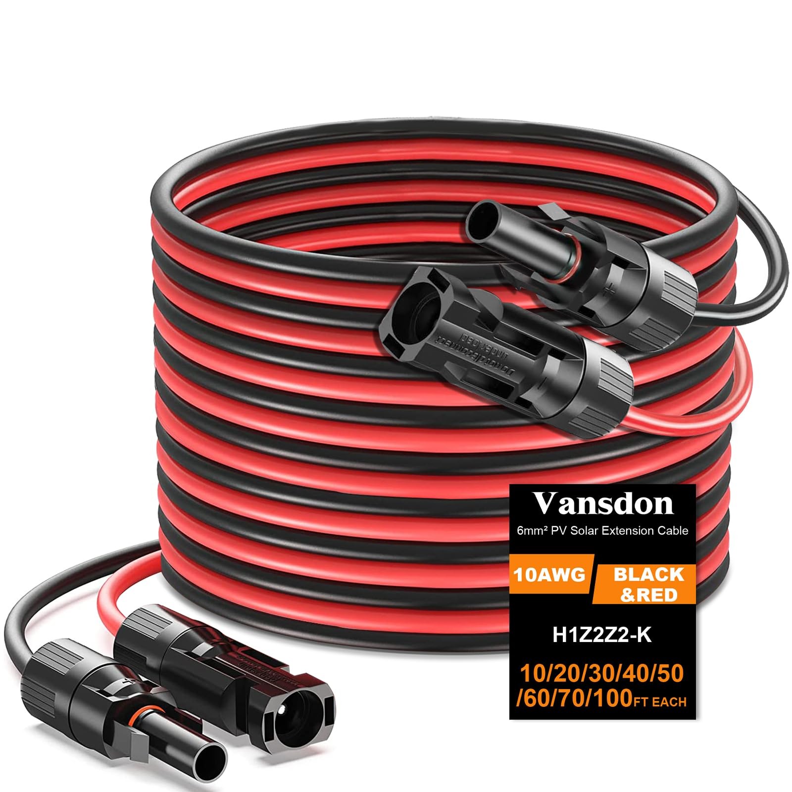 Vansdon 2x30 Feet Solar Panel Extension 30 10AWG, Black& Red 10AWG