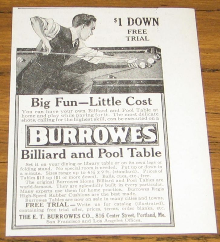 1917 AD~BURROWES BILLIARD & POOL TABLES~PORTLAND,ME