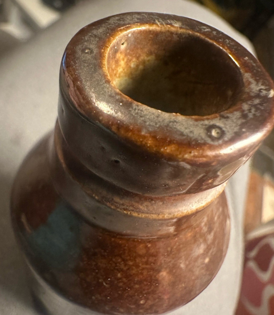 Early Pottery Cylinder Ink Well Bottle, , 3" tall Dark Chocolate Glaze