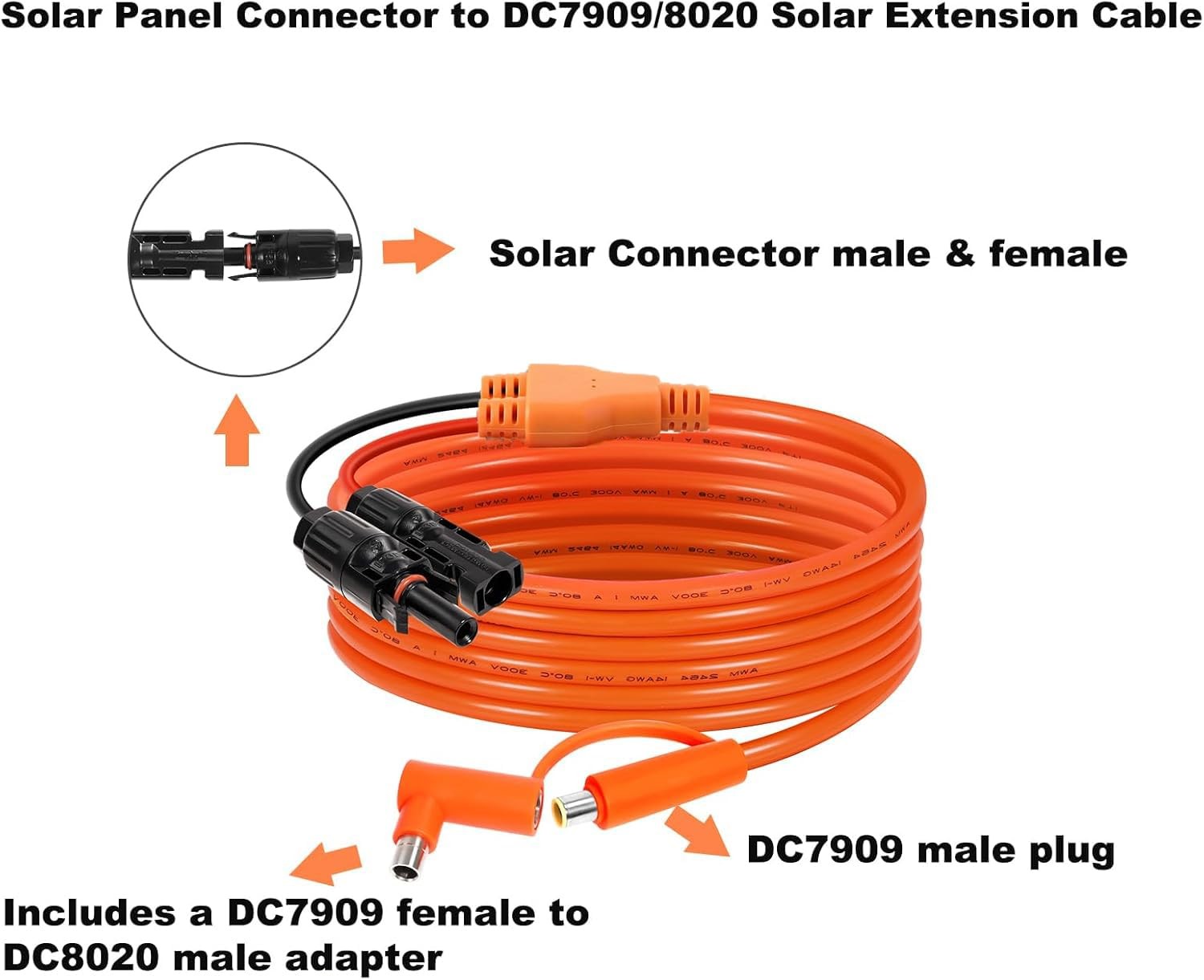 Behaunty Solar Connector to DC 8mm Adapter Cable 25FT, 12AWG + Orange