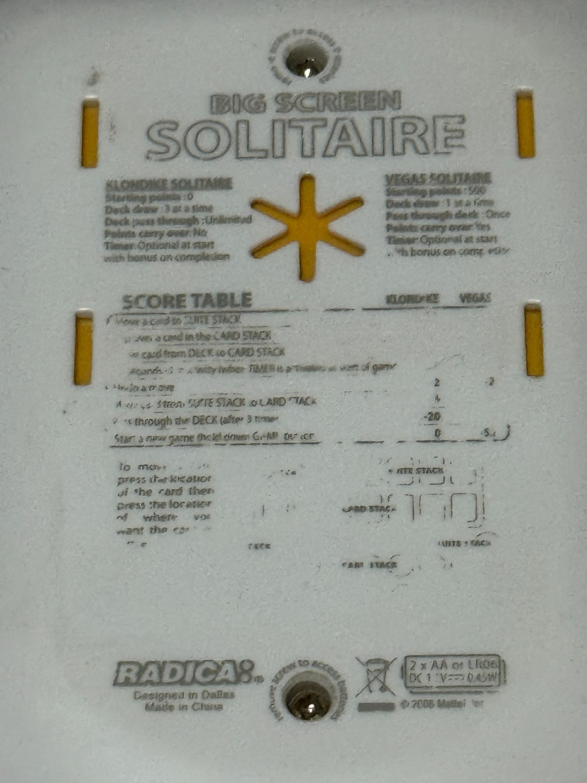 Radica Big Screen Solitaire Backlit Handheld Game Yellow 2008 Tested