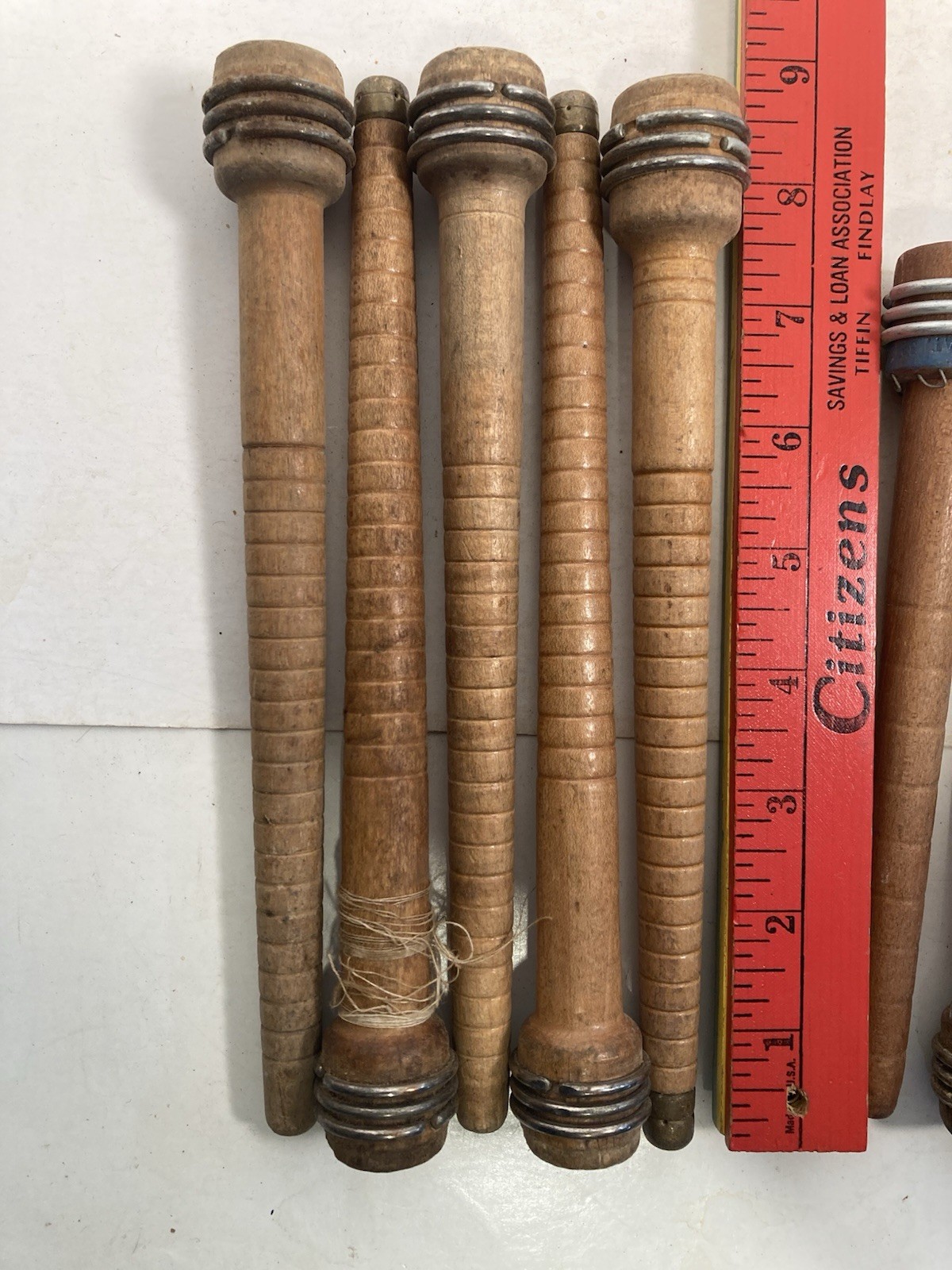 Wood Bobbins Quills Vintage Factory Reclaimed, 8 3/4 and 7 3/8", lot of 10