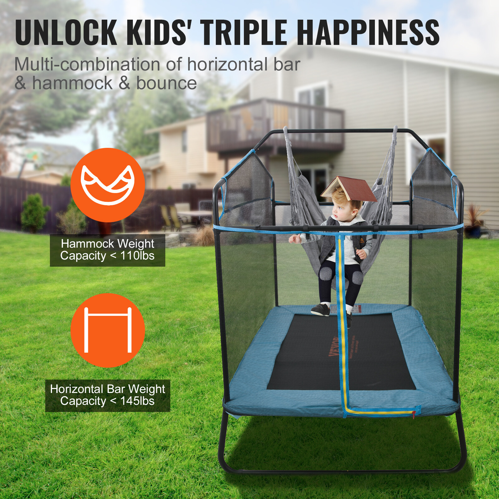 VEVOR 6FT Trampoline for Kids Toddlers with Enclosure Net Gymnastics Bar Hammock