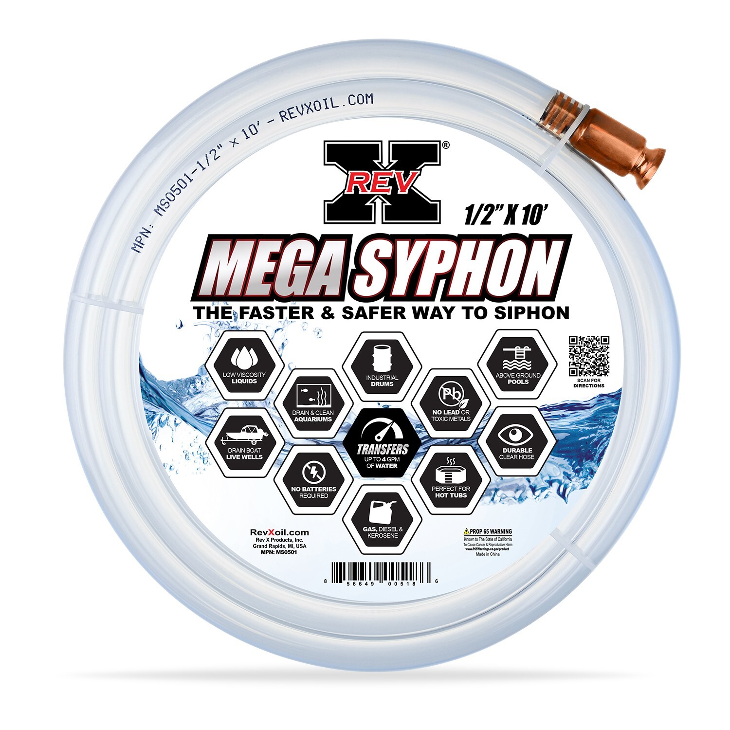 REV X Mega Syphon Plus - Extra Long - 1/2" x 10' Shaker Siphon for Gas or Water