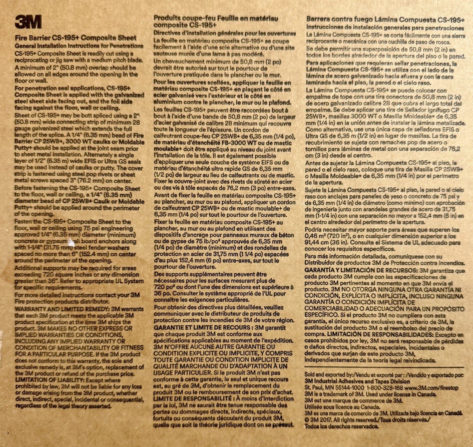 NEW 3M CS-195+ Fire Barrier Composite Sheet 36” X 24” #7100011414 - SHIPS FREE!!