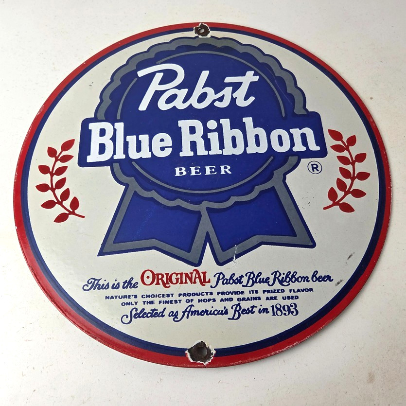 Vintage Pabst Blue Ribbon Beer Porcelain Sign - Ribbon Badge Logo Sign
