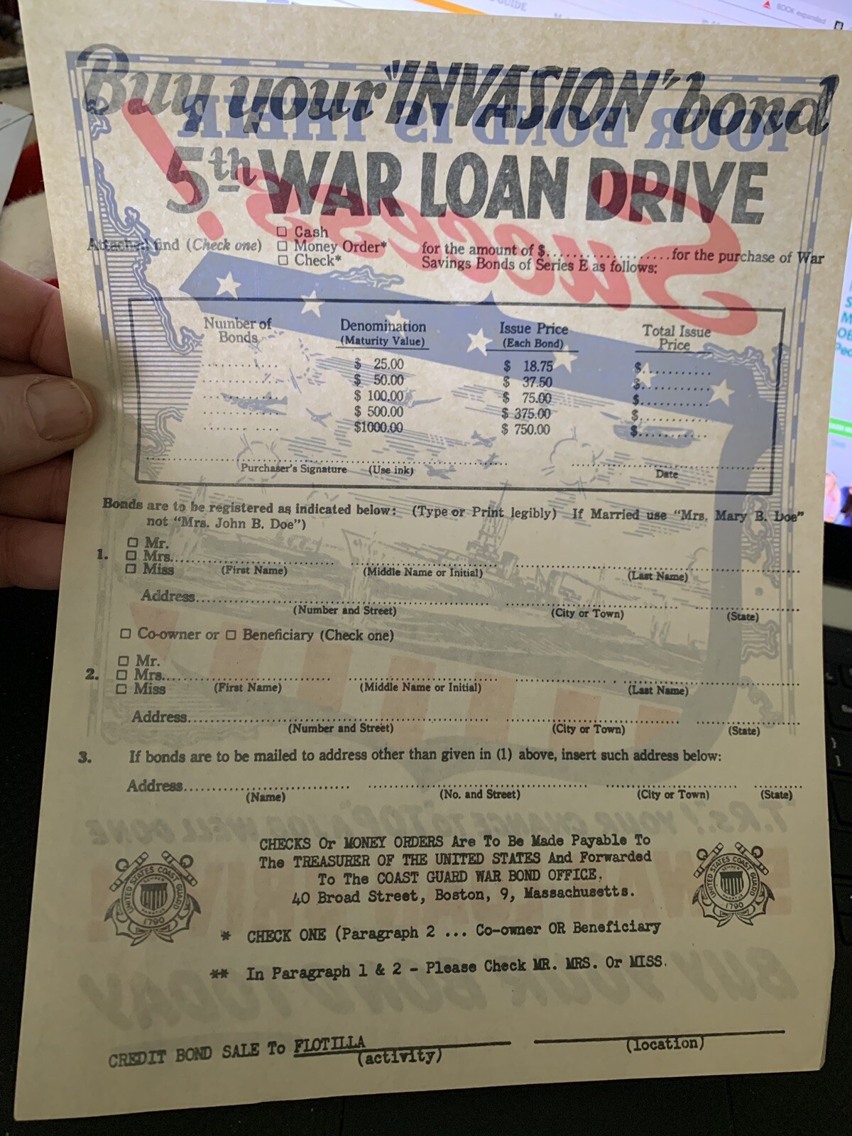 WW II 5th War Loan Bond Drive Paper Sales Handout Boston MA