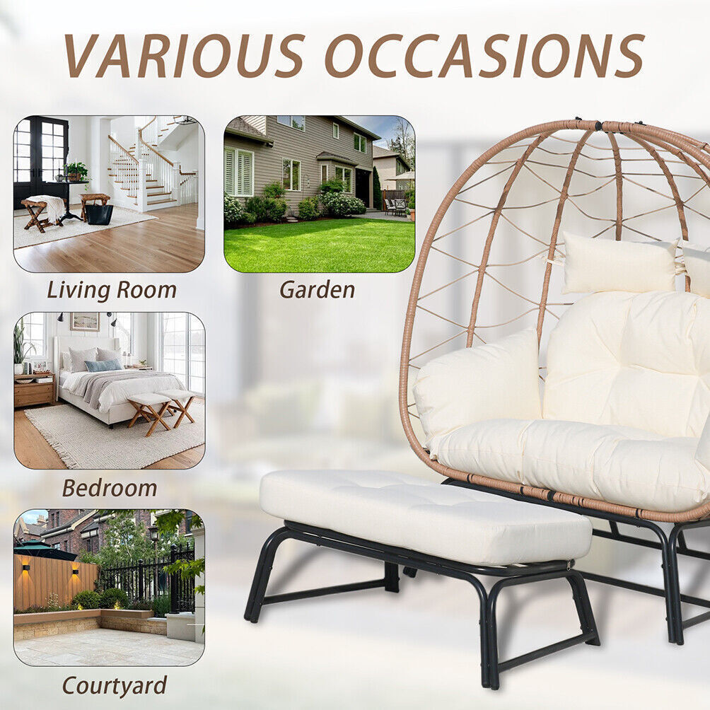 Wicker Egg Chair with Ottoman Outdoor Indoor Oversized Lounger Stand for Porch