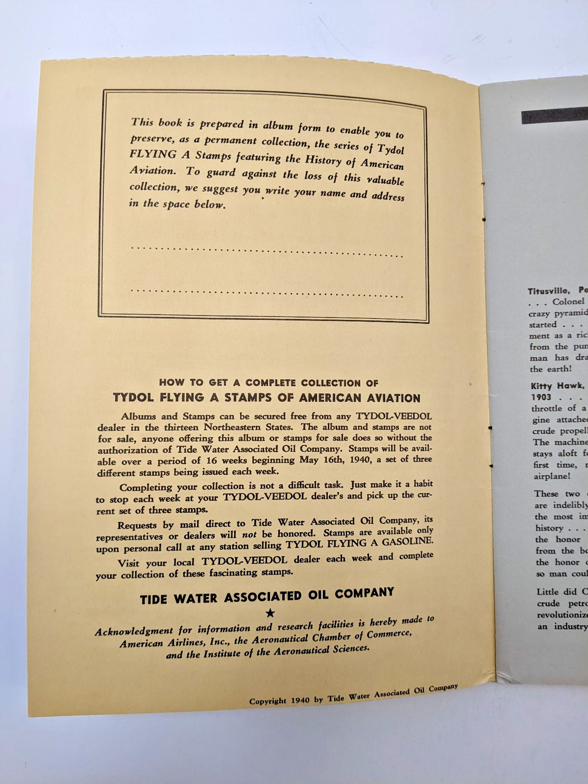 TYDOL Flying A Stamp Album of American Aviation 1940 Fuel Oil Company UNUSED A+