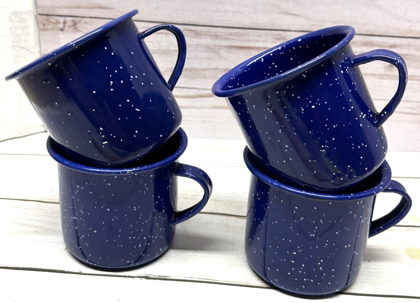 Blue Enamelware tin Set Of 4 Cups Mugs 1 Missing Some Enamel Camping Or Home Use