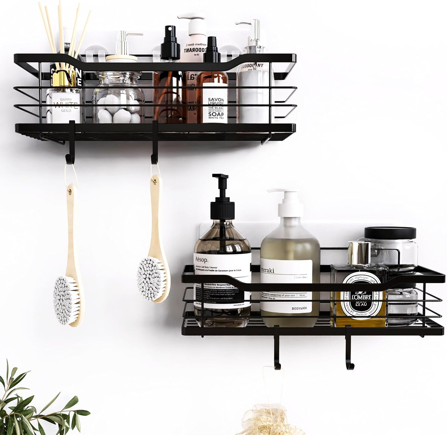 Rustproof Shower Shelf Rack Adhesive Shower Shelves & 4 Hooks Organizer 2 Pcs