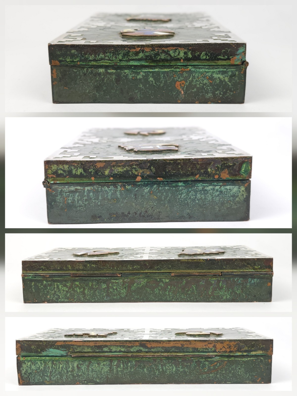 Vintage Peru Enameled Copper Cigarette Trinket Box Silver Tone Metal Bird Bull